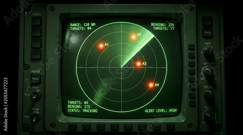 Vintage military radar screen with green phosphor sweep and red targets
