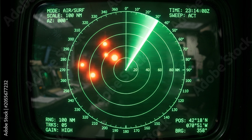 Vintage military radar screen with green phosphor sweep and red targets