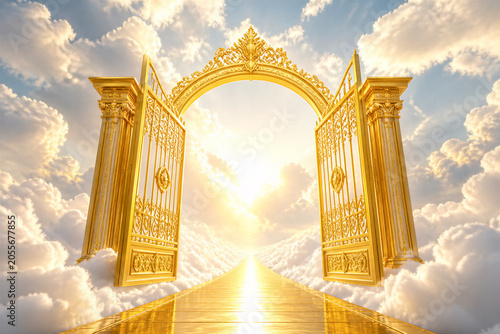 Golden gates opening onto radiant pathway through clouds