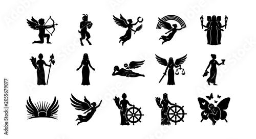 Quadro su tela Mythological Figures Vector Icons Set, Angelic Beings & Goddess Silhouettes, Cel