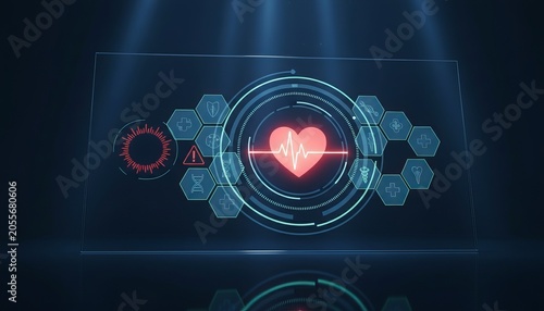 Glowing digital heart monitor display showing vital medical statistics on a sleek futuristic glass interface screen