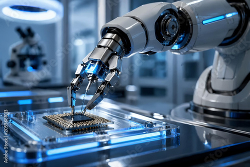 Advanced medical robot arm analyzing biotech microchip in laboratory