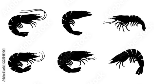 Bild auf Leinwand Six Black Shrimp Silhouettes, Seafood Icons Collection, Marine Life Vector Graph