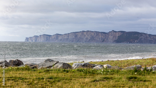 Quadro su tela Rugged coastal cliffs rise above the sea along a rocky grassy shoreline in Gaspe