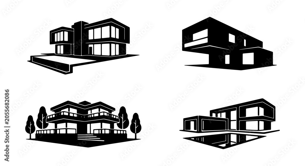 Fototapeta premium Modern House Silhouettes, Contemporary Architecture Collection, Luxury Home Designs, Minimalist Building Icons