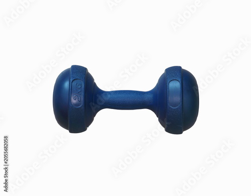 Single blue 2kg dumbbell isolated on white background. Vinyl coated hand weight for fitness, aerobic, gym workout and home exercise. Sport equipment object for health and bodybuilding training concept
