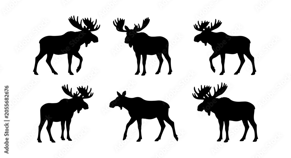 Fototapeta premium Six Black Moose Silhouettes, Wildlife Animal Icons, Forest Mammal Vector Graphics, Nature Design Elements