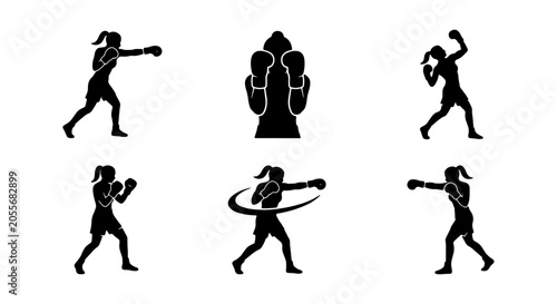 Foto Female Boxer Silhouettes, 6 Action Poses Vector Set, Athletic Woman Fighting Ico
