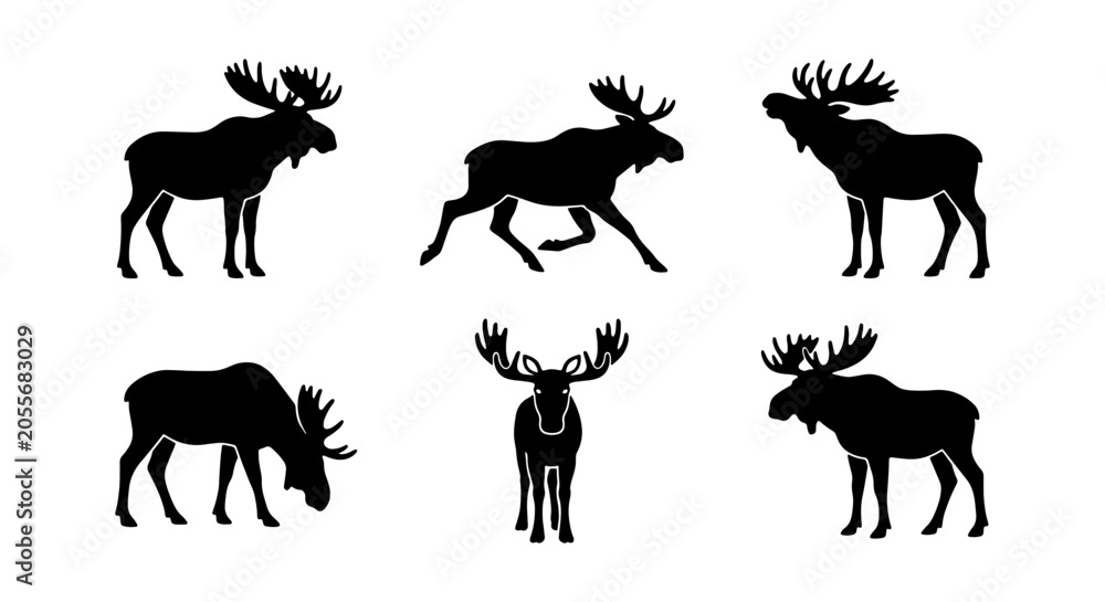 Fototapeta premium Moose Silhouette Vector Icons Set, Wildlife Animal Graphics, Forest Creature Illustrations, Nature Elements Collection