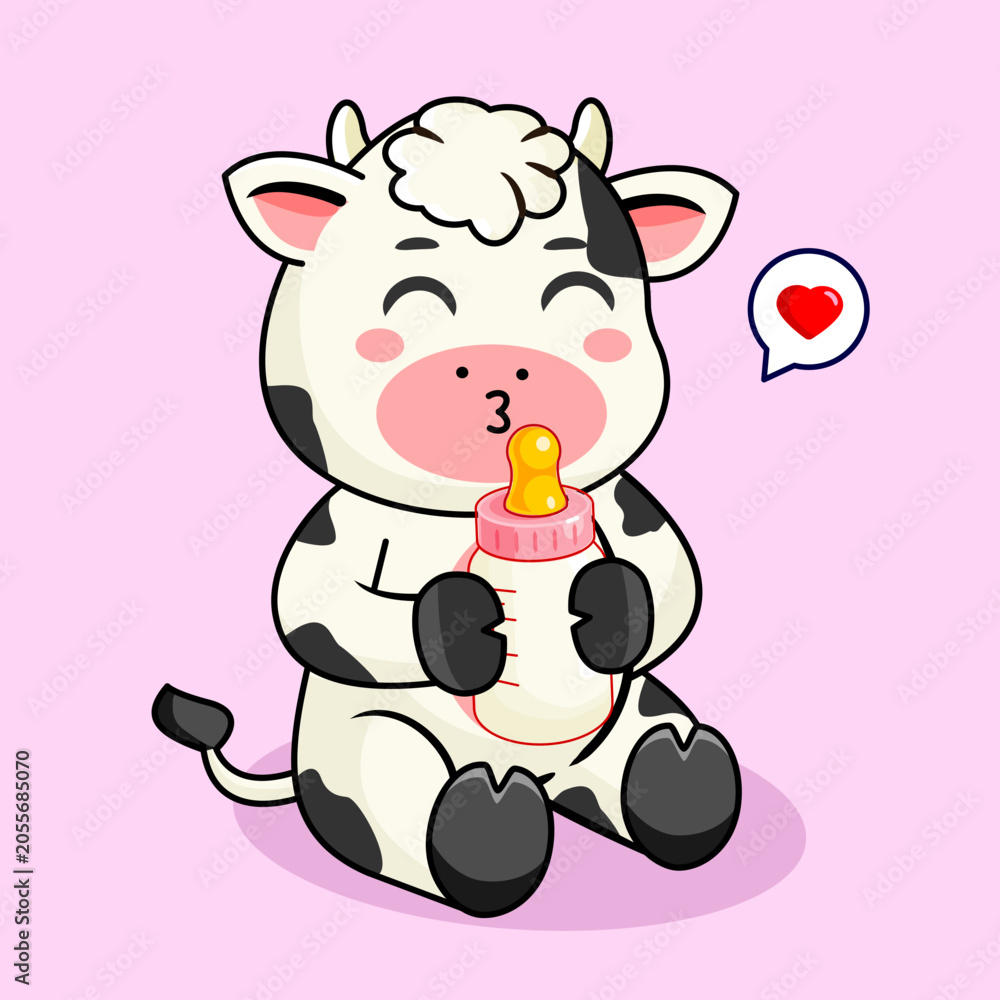 Obraz premium Cute Baby Cow Drinking Milk from Bottle Milk Baby Vector Illustration Kawaii Animal