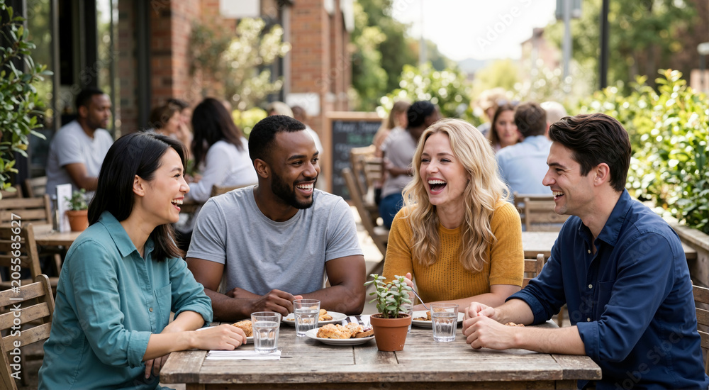 Obraz premium Diverse group of friends laughing at an outdoor cafe table. Happy men and women enjoying a meal together. International Friendship Day concept