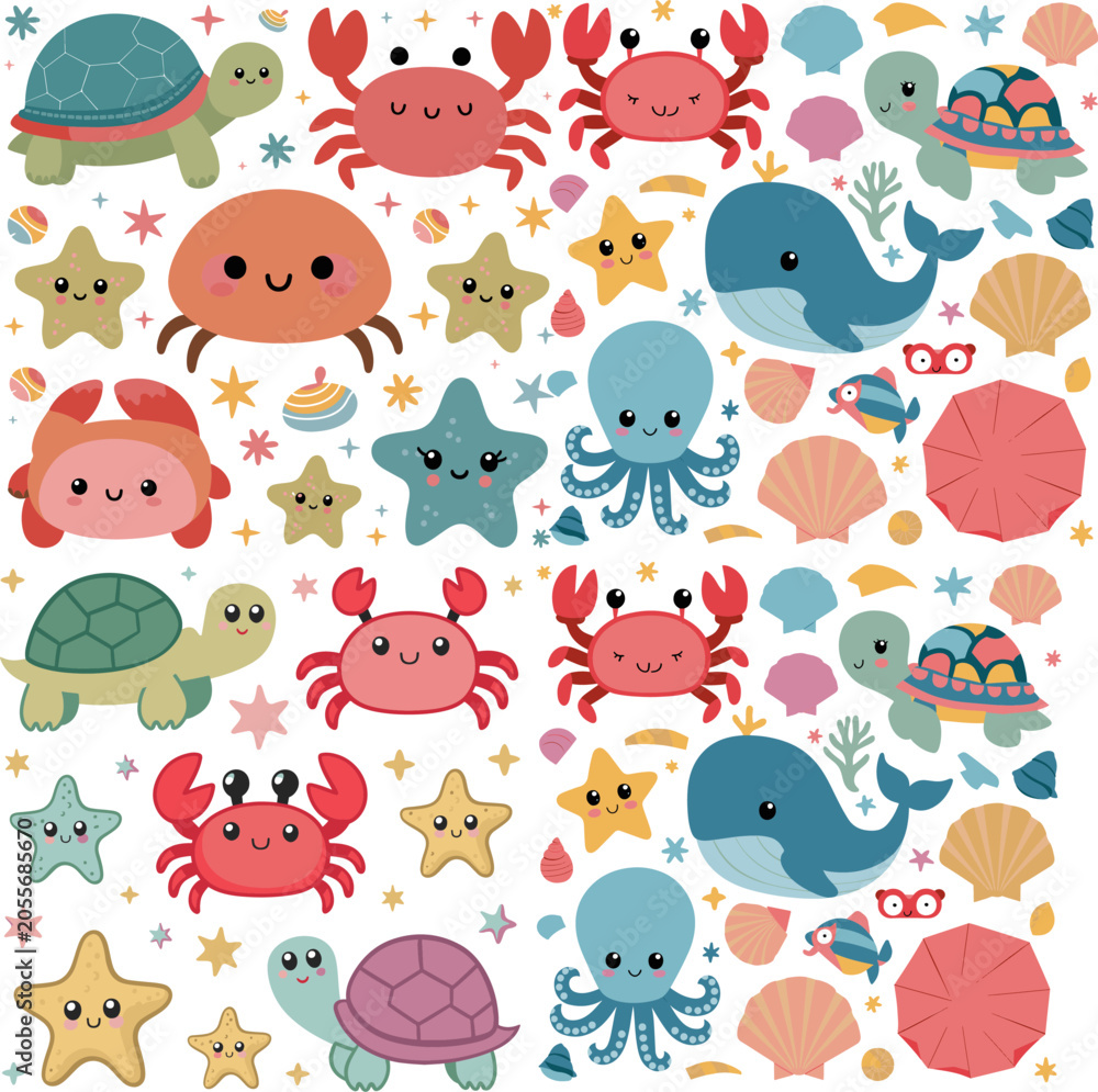Fototapeta premium Cute Sea Animals Background Colorful Ocean Creatures Cartoon Illustration