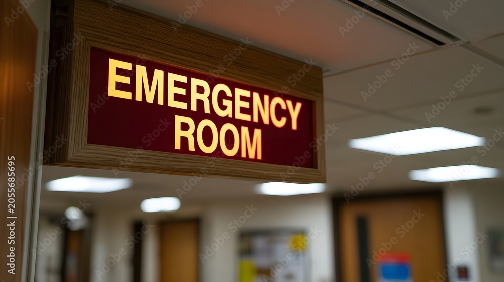 Fototapeta premium A close up view of a wooden sign indicating an emergency room in an institutional setting