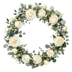 Elegant White Rose Floral Wreath with Eucalyptus Leaves Isolated Premium Wedding Frame Botanical Circle Border PNG