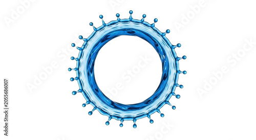 Vibrant blue liquid splash forming an elegant circular ring, suspended droplets, flowing trails, isolated on a transparent background with copy space. Concept of dynamic refreshment and purity