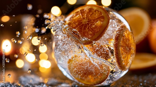 Refreshing orange slice in sparkling water with a splash