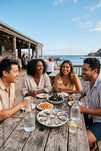 Diverse group of friends laughing and eating fresh seafood at an outdoor coastal restaurant