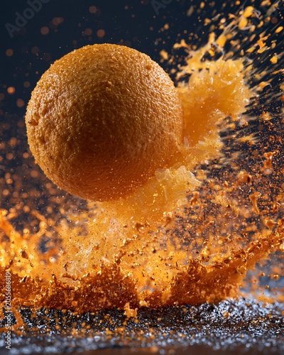 Orange exploding in a splash of juice with sparkling droplets