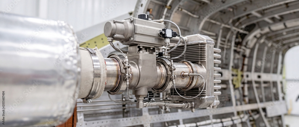 Obraz premium Aircraft engine component installed inside fuselage during aerospace maintenance and inspection