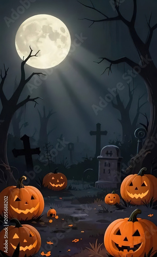 Halloween background with bats, trees, tombstones and pumpkins with a castle.