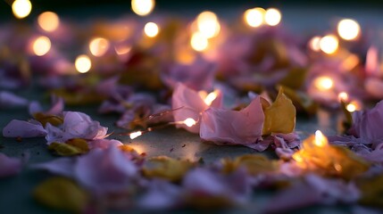 Warm glowing fairy lights create a beautiful soft bokeh effect against a dark elegant background