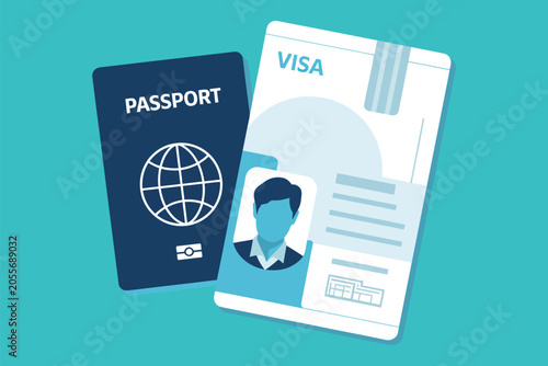 Fotografia Passport with biometric data and visa stamps isolated on blue background for international travel concept, global tourism business, citizenship immigration, and vacation