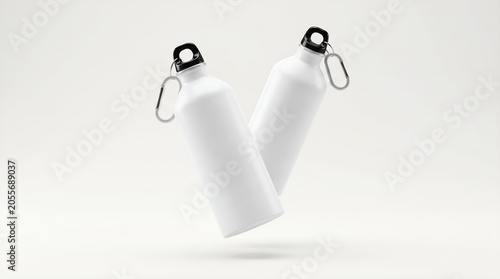 Two White Reusable Aluminum Water Bottle Mockup Containers Floating for Branding Presentation