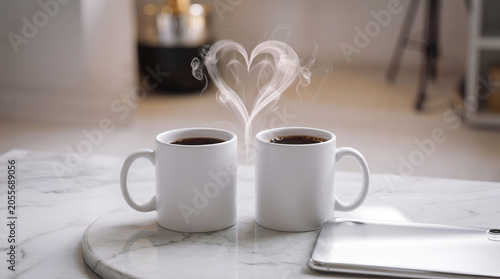 Two White Coffee Mugs with Heart Shaped Steam Mockup for Romantic Morning Beverage Branding and Cozy Breakfast Cafe Presentation