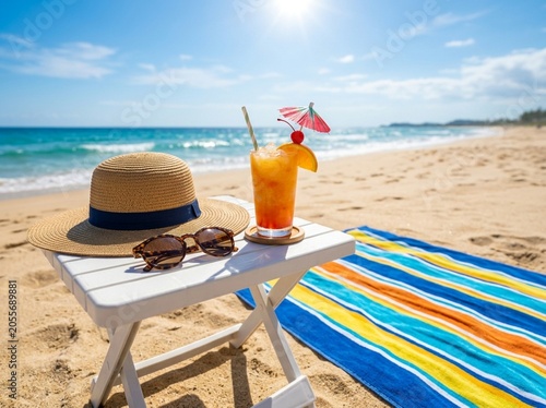 Beach summer vacation setup with a cold cocktail, sun hat, and towelbeach