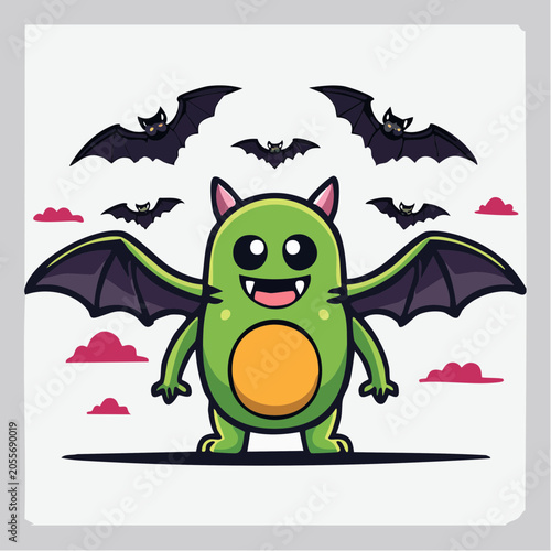 Cute green monster with bat wings and flying bats