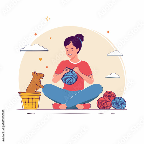 Woman knitting with dog companion and yarn balls