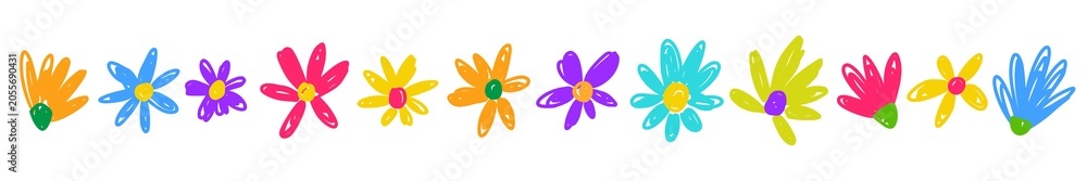 Fototapeta premium Vector horizontal pattern of multicolored flowers, hand drawn in doodle style