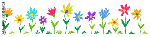 Vector horizontal pattern of multicolored flowers, hand drawn in doodle style