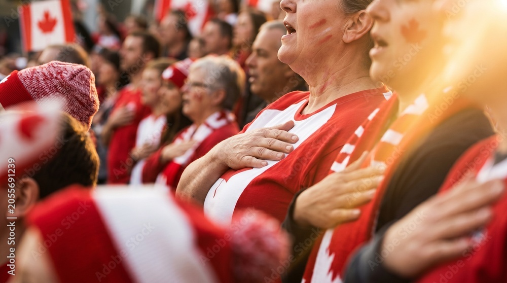 Obraz premium Torcedores canadenses em eventos esportivos, com rostos pintados e a bandeira do Canadá