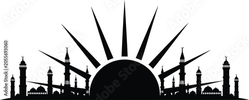 Islamic cityscape vector illustration with sunrise and mosque silhouettes