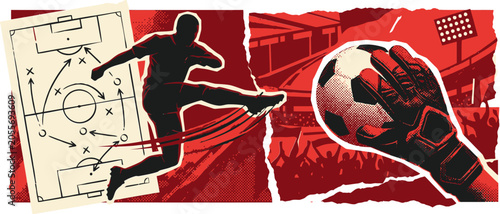 Fotografía Dynamic soccer action collage, football player silhouette kicking ball, goalkeep