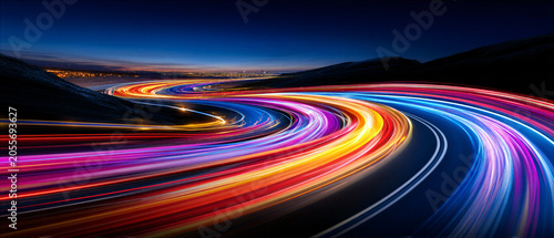 Colorful light trails streaking along a night highway