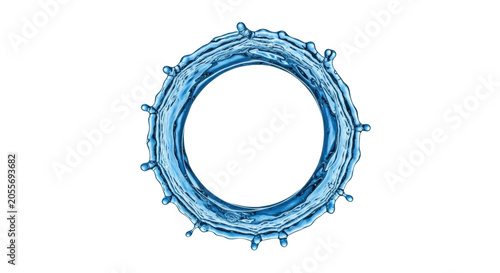 A perfect circular splash of vibrant blue water with highly detailed droplets frozen in mid-motion, isolated on a transparent studio background with soft rim lighting, concept of purity and