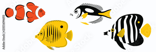 Fotografie Tropical fish illustration set, generic clownfish blue tang butterflyfish and moorish idol marine wildlife design