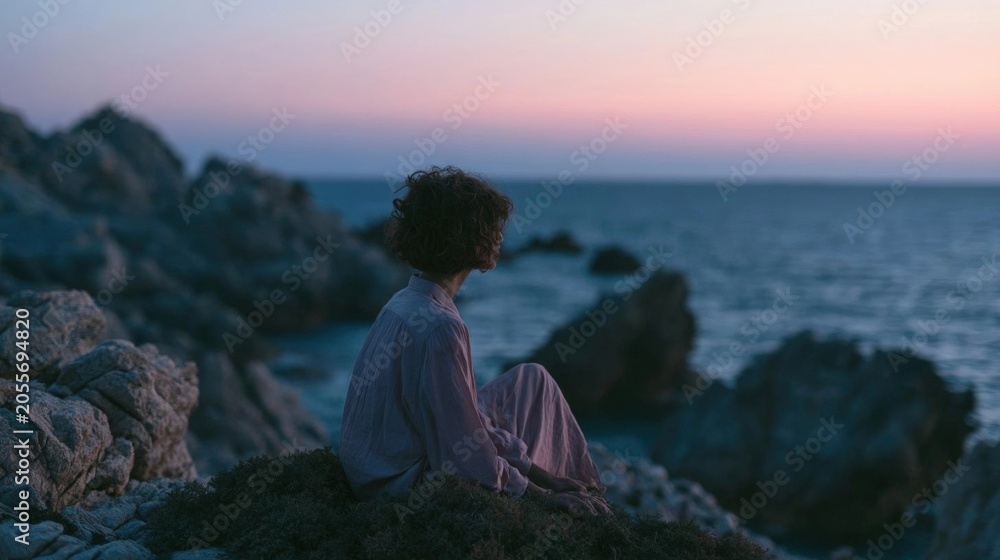 Fototapeta premium Person sitting on a rocky cliff overlooking the ocean. the person is wearing a white shirt and has curly hair.