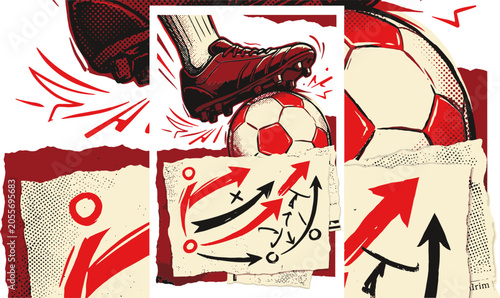 Foto Vintage soccer strategy illustration, retro football player foot on ball, red an