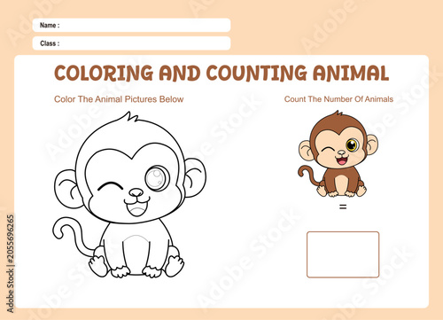 Monkey Coloring and Counting Worksheet for Kids
