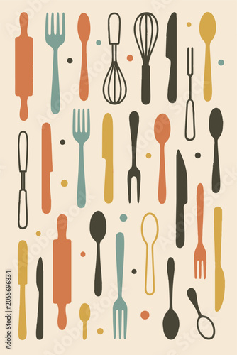 Kitchen Utensils Cook Spoon Knife Whisk Cutlery Rolling Pin Spatula Kitchenware Household Dish Spoon Vector Print