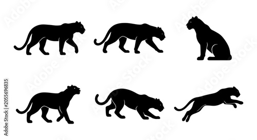 Canvas Print Black Panther Silhouette Set: Dynamic Poses Vector Collection, Wild Animal Icons
