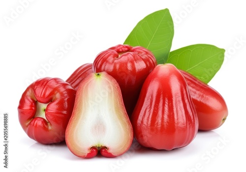 Fresh rose apple fruit with green leaves isolated on white background