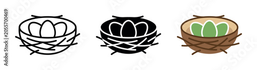 Фотография Bird's nest with three eggs, presented in three distinct icon styles for versati