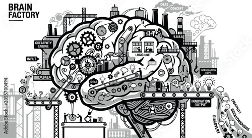 Brain factory concept with industrial elements and creative ideas