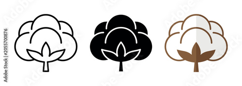 Foto Set of three cotton boll icons in outline, solid black, and color styles