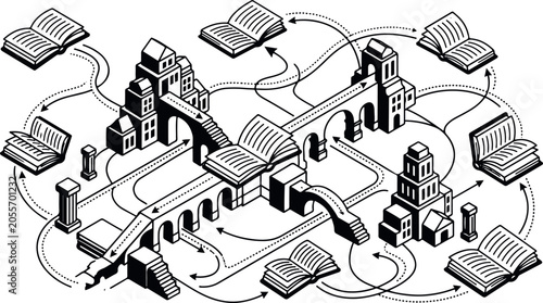Black and white illustration of cityscape with books and buildings connected by arrows