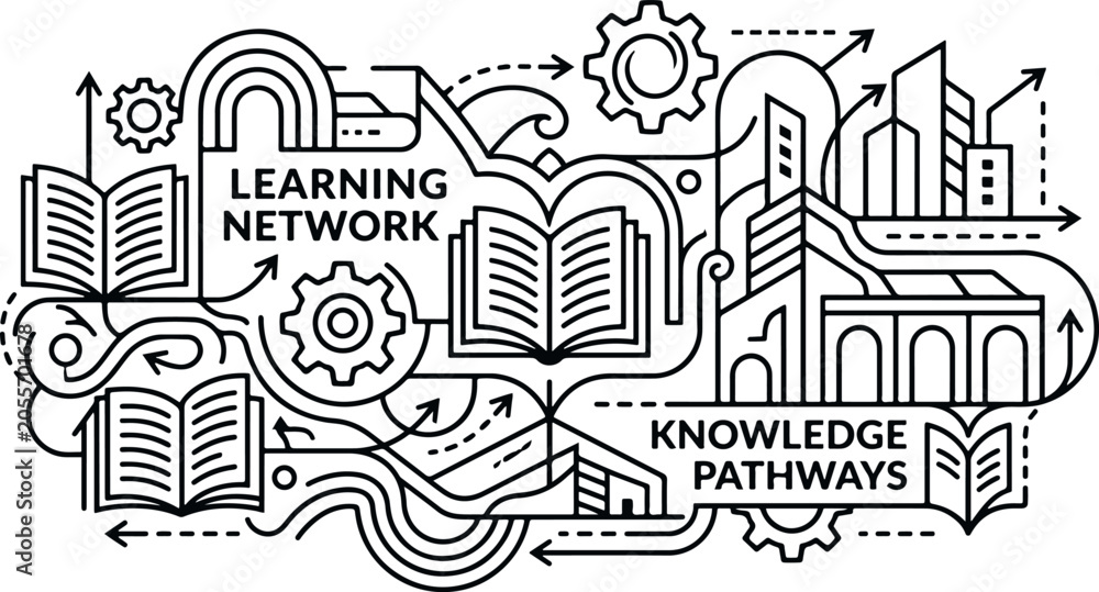 Fototapeta premium Black and white line drawing of learning network and knowledge pathways